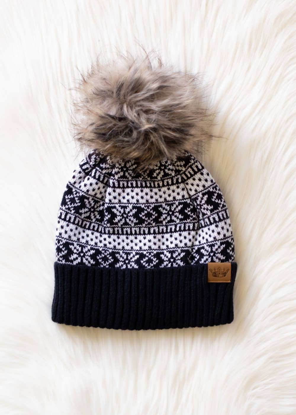 Black & White Winter Pattern Pom Hat-Lemons and Limes Boutique