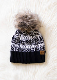 Black & White Winter Pattern Pom Hat-Lemons and Limes Boutique