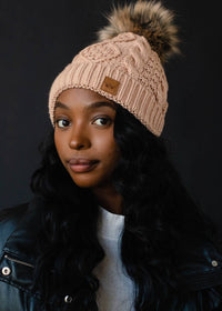 Peach Fuzz Cable Knit Pom Hat-Lemons and Limes Boutique