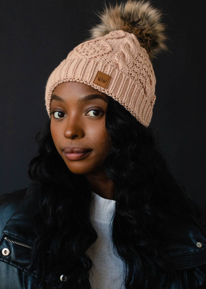 Peach Fuzz Cable Knit Pom Hat-Lemons and Limes Boutique