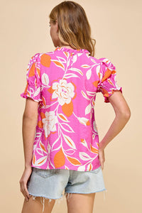 Floral Printed Top with Ruffled Neck Detail and Smocked Sleeve in Fuchsia--Lemons and Limes Boutique