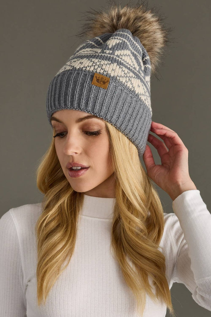 Gray & Cream Patterned Pom Hat-Lemons and Limes Boutique