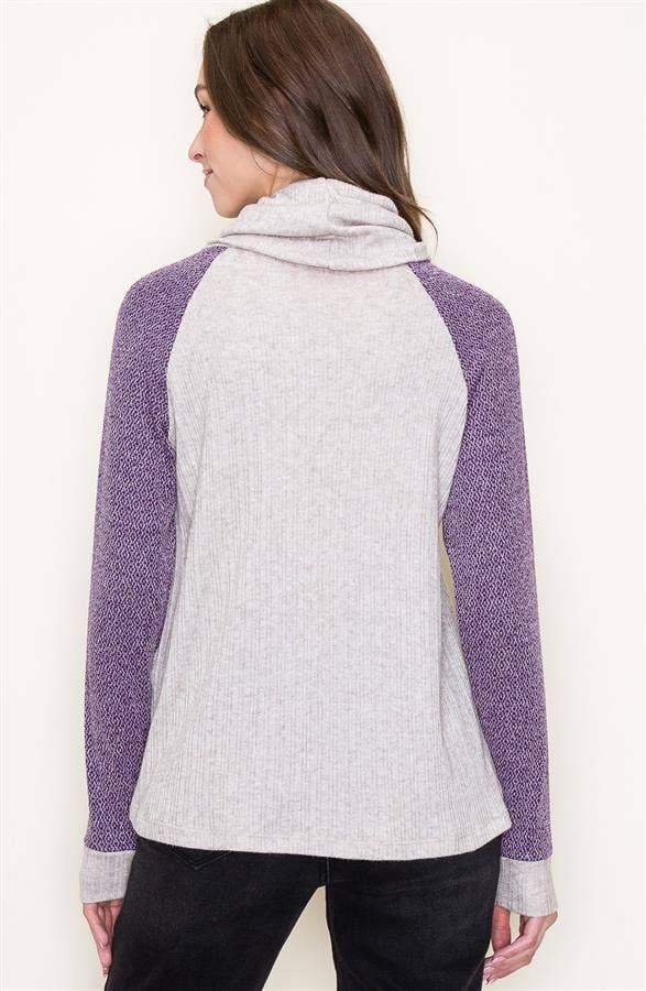 Slouchy Turtle Neck Long Raglan Sleeve Color Block Top in Oatmeal/Plum--Lemons and Limes Boutique