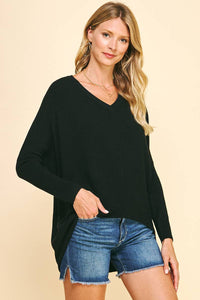 V-Neck Dolman Long Sleeve Sweater in Black-Lemons and Limes Boutique