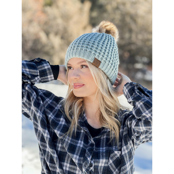 Solid Waffle Stitch Fur Pom Hat in Pale Mint by C.C. Beanie--Lemons and Limes Boutique