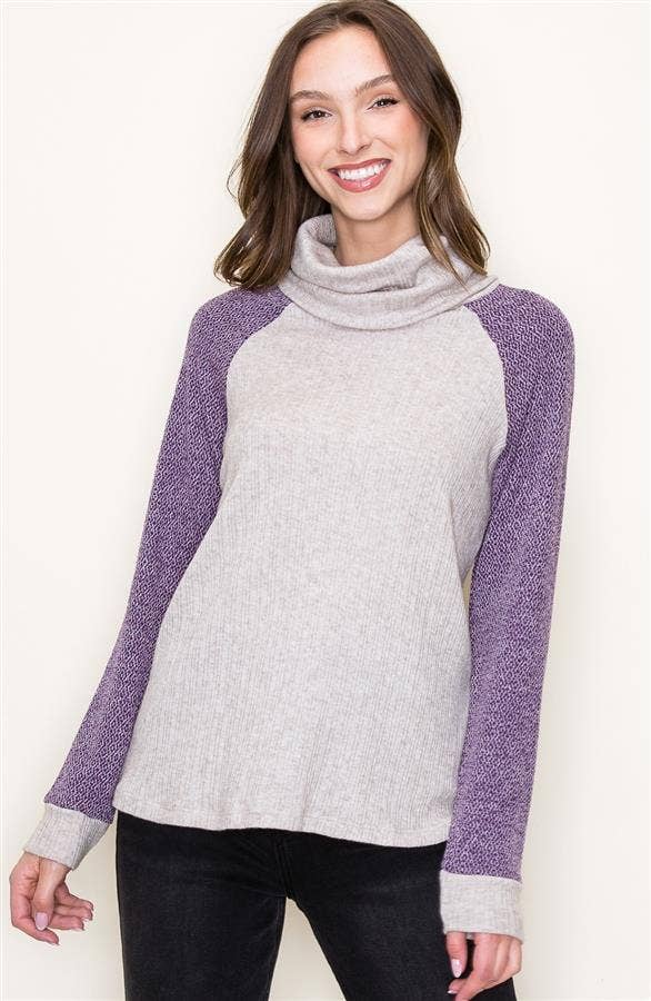 Slouchy Turtle Neck Long Raglan Sleeve Color Block Top in Oatmeal/Plum--Lemons and Limes Boutique