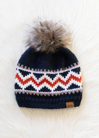 Dk. Navy, Red & White Patterned Pom Hat-Lemons and Limes Boutique