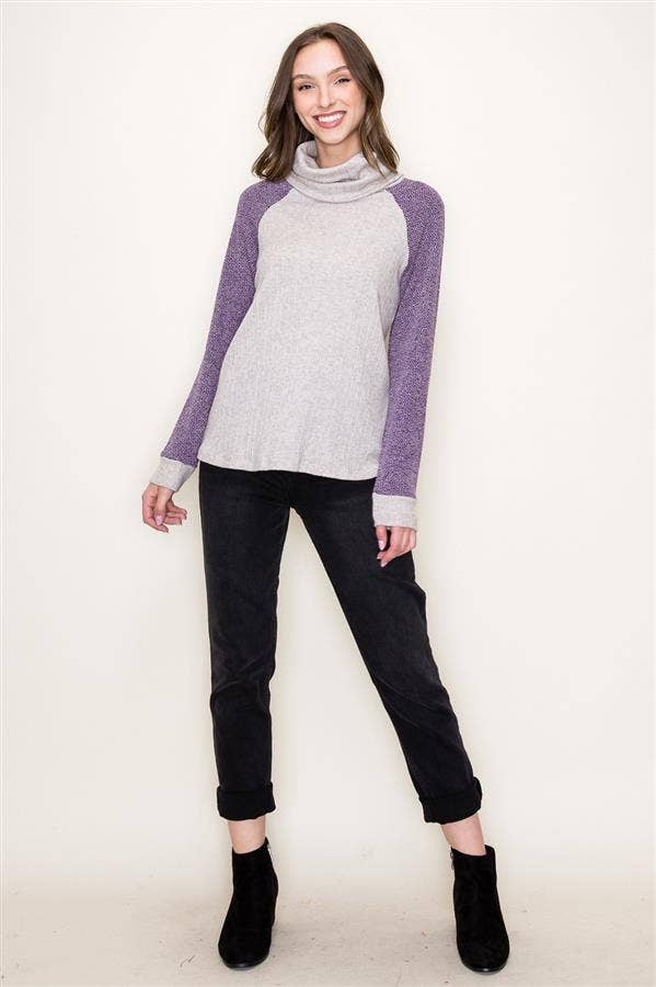 Slouchy Turtle Neck Long Raglan Sleeve Color Block Top in Oatmeal/Plum--Lemons and Limes Boutique