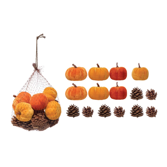 Velvet Pumpkins and Pinecones in Bag, 16 Pieces-Lemons and Limes Boutique