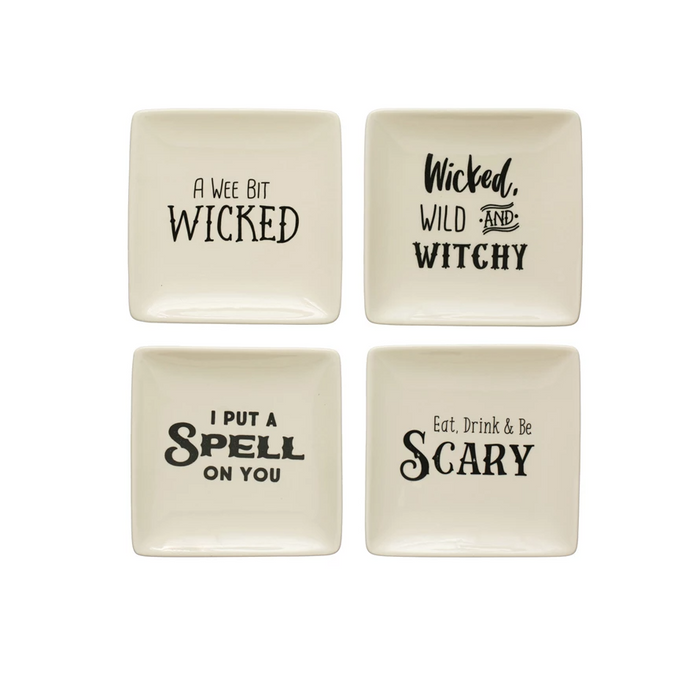 Square Stoneware Plate w/ Spooky Saying, Cream Color & Black, 4 Styles-Lemons and Limes Boutique