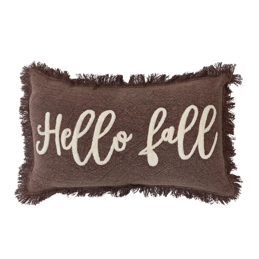 Stonewashed Cotton Tufted Lumbar Pillow w/ Fringe "Hello Fall"-Lemons and Limes Boutique