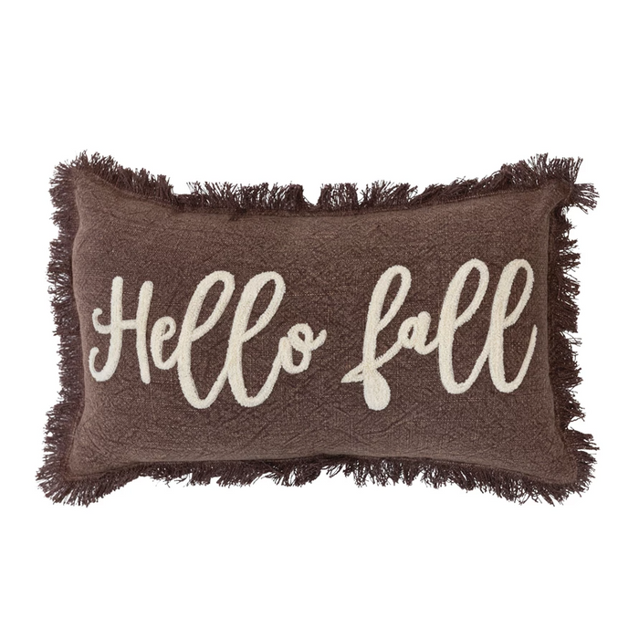 Stonewashed Cotton Tufted Lumbar Pillow w/ Fringe "Hello Fall"-Lemons and Limes Boutique