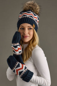 Dk. Navy, Red & White Patterned Pom Hat-Lemons and Limes Boutique