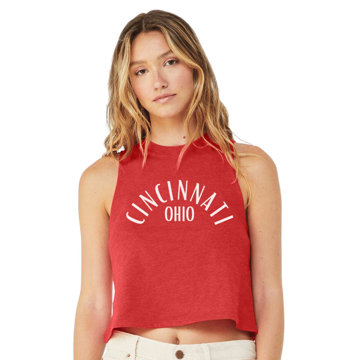 Cincinnati Ohio Curved Cropped Muscle Tank on Heathered Red--Lemons and Limes Boutique