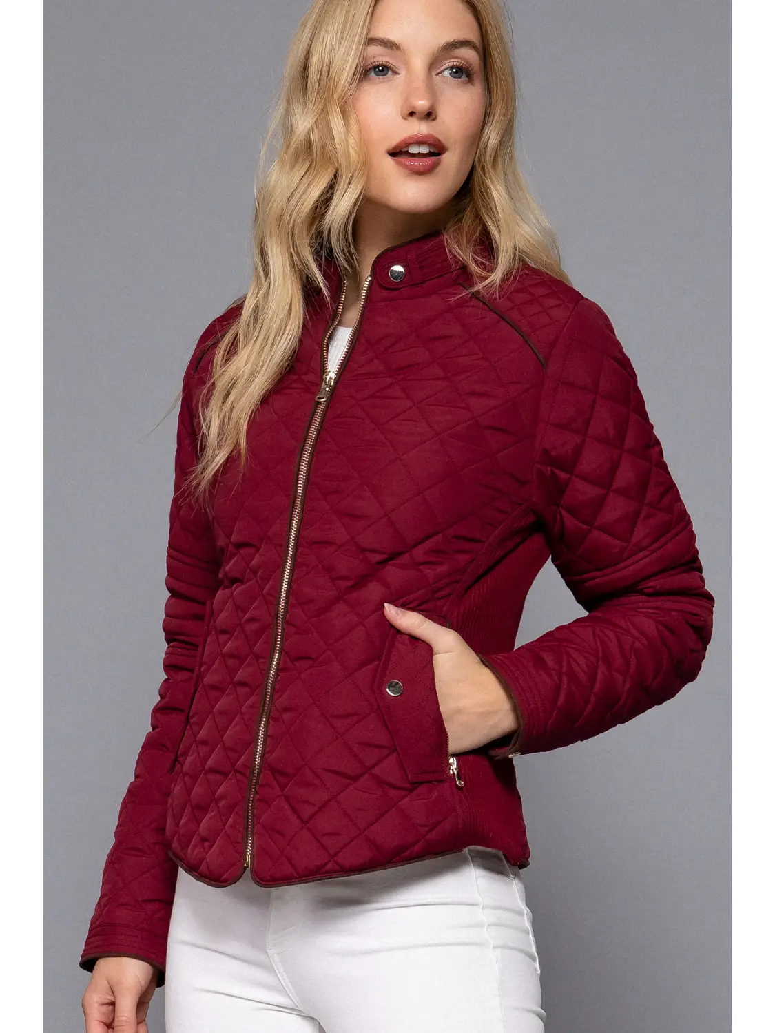 Suede Piping Detail Rib Quilted Padded Jacket in Dark Burgundy-Lemons and Limes Boutique