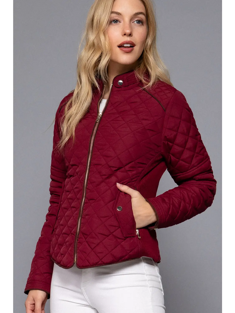 Suede Piping Detail Rib Quilted Padded Jacket in Dark Burgundy-Lemons and Limes Boutique