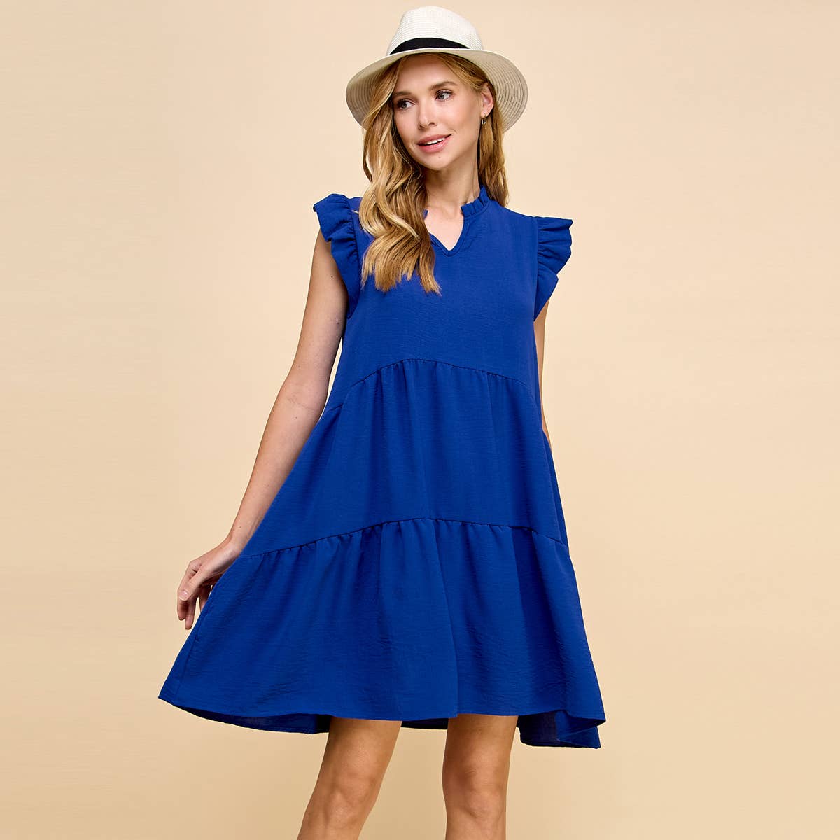 V Neck Ruffled Sleeves Solid Dress in Royal Blue Large V Neck Ruffled Sleeves Solid Dress in Royal Blue Large