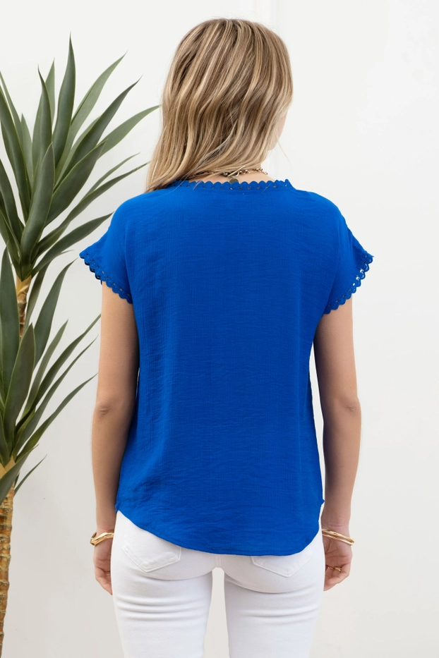 Floral Embroidery Scallop Lace Trim Blouse in Royal Blue--Lemons and Limes Boutique