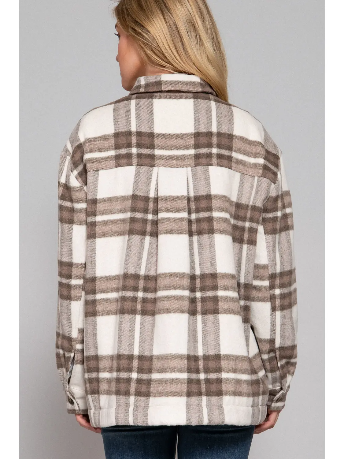 Long Sleeve Inside Faux Fur Brushed Plaid Jacket in Taupe/Brown-Lemons and Limes Boutique
