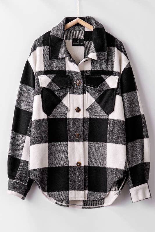 Plaid Flannel Button Down Jacket in Black--Lemons and Limes Boutique