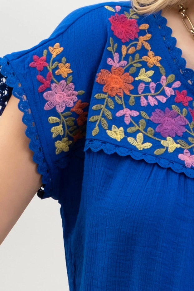 Floral Embroidery Scallop Lace Trim Blouse in Royal Blue--Lemons and Limes Boutique