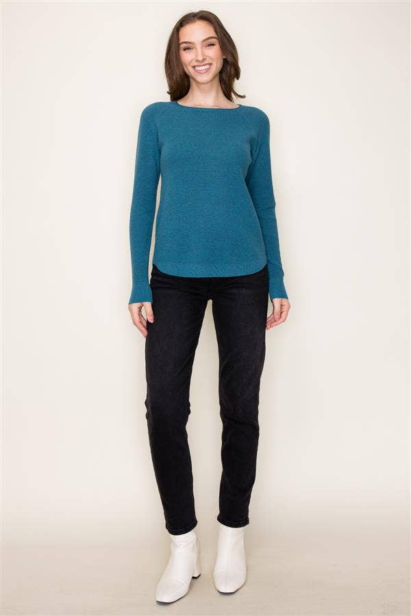 Crew Neck Long Raglan Sleeve Mini Waffle Pullover Sweater in Teal--Lemons and Limes Boutique