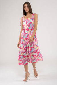 Brush Stroke Print Tiered Midi Dress in Fuchsia Multi--Lemons and Limes Boutique