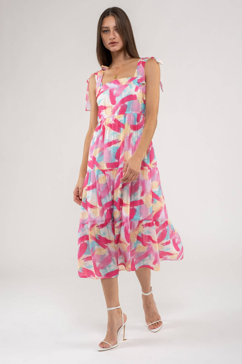 Brush Stroke Print Tiered Midi Dress in Fuchsia Multi--Lemons and Limes Boutique