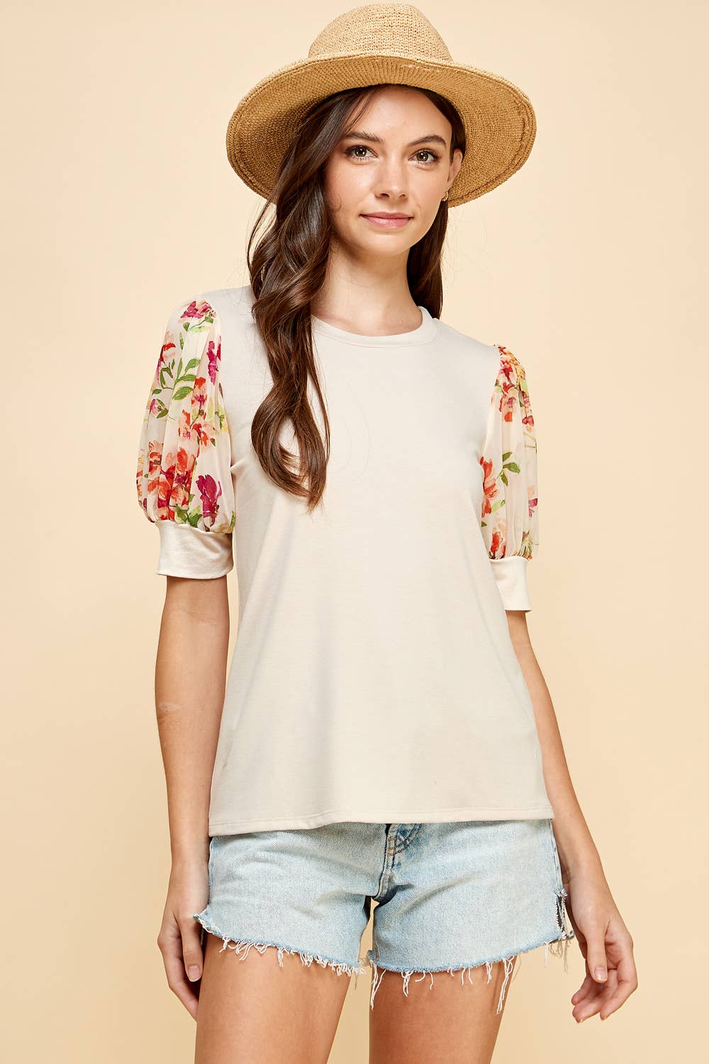 Floral Printed Sleeve Detailed Top in Seashell-Lemons and Limes Boutique