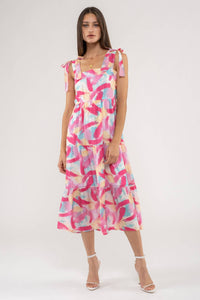 Brush Stroke Print Tiered Midi Dress in Fuchsia Multi--Lemons and Limes Boutique