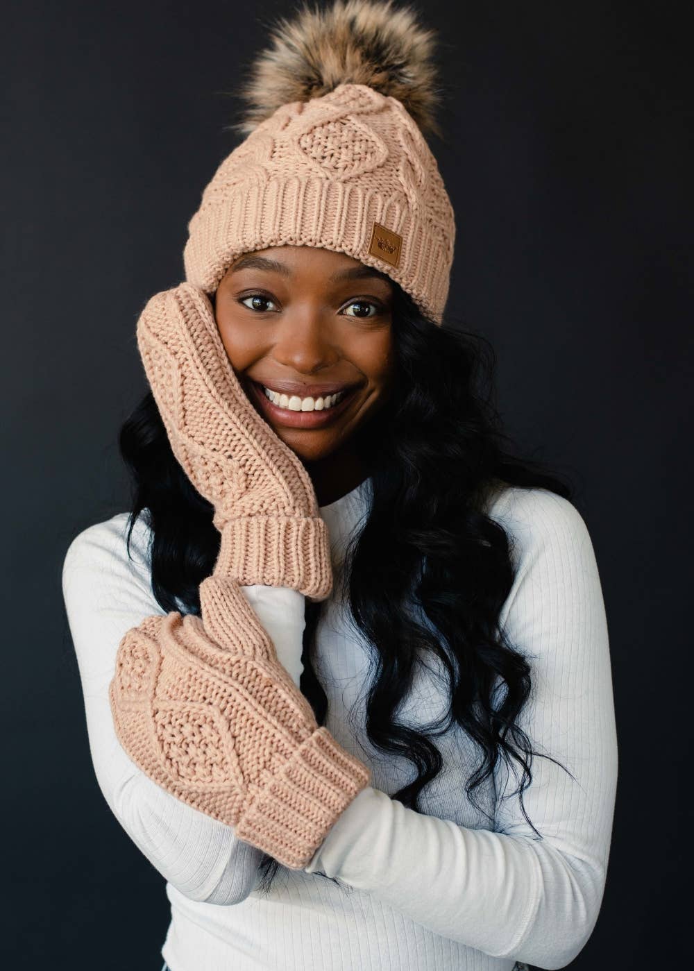 Peach Fuzz Cable Knit Pom Hat-Lemons and Limes Boutique