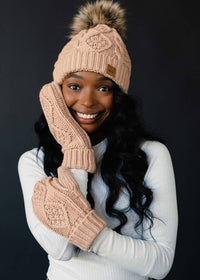 Peach Fuzz Cable Knit Pom Hat-Lemons and Limes Boutique