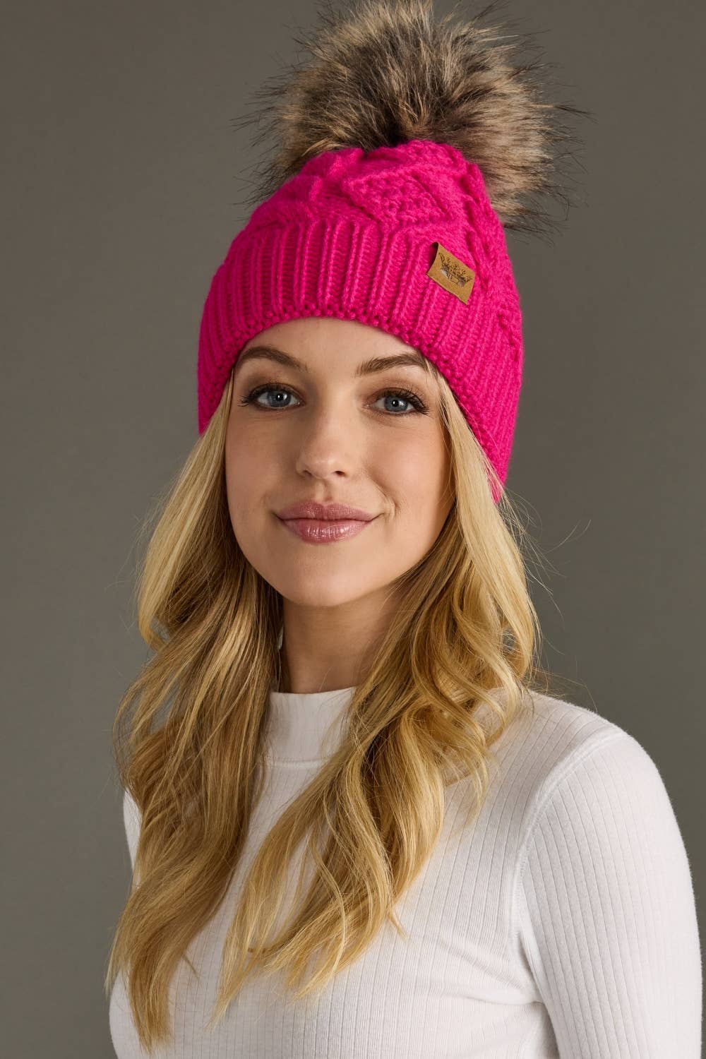 Bright Pink Cable Knit Pom Hat-Lemons and Limes Boutique