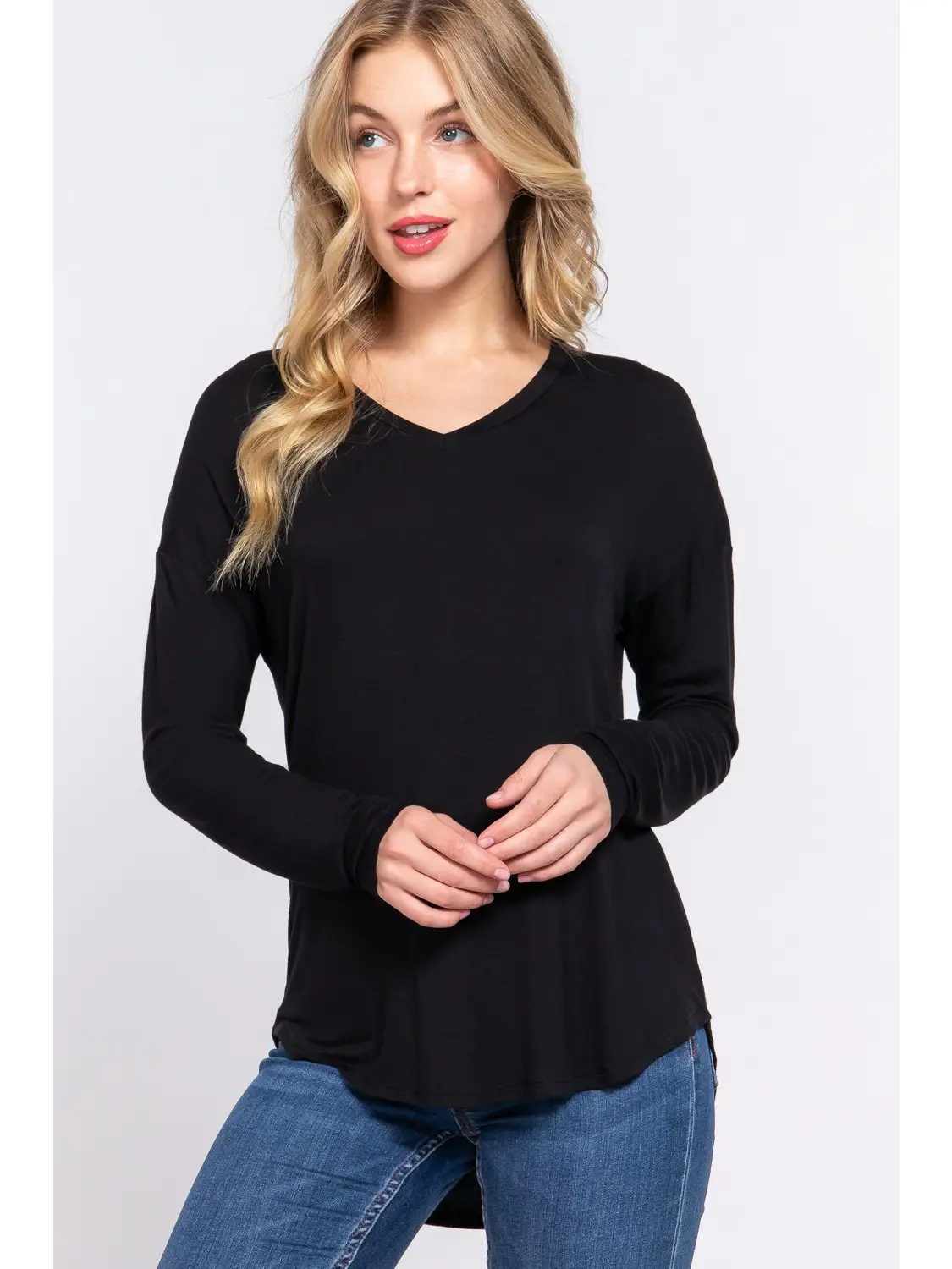 Long Dolman Sleeve V-Neck Rayon Span Jersey Top in Black-Lemons and Limes Boutique