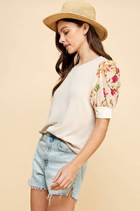 Floral Printed Sleeve Detailed Top in Seashell-Lemons and Limes Boutique