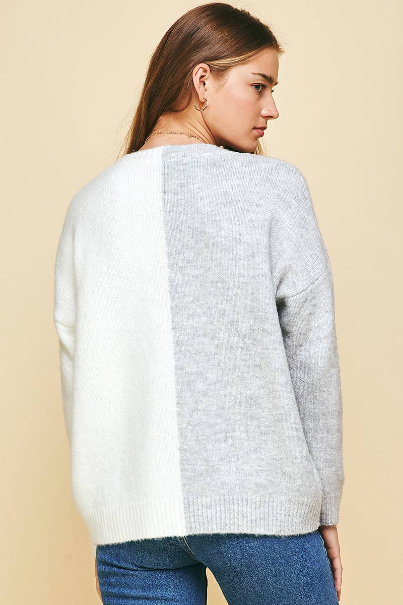 Split Colorblock Sweater in Ivory & Grey--Lemons and Limes Boutique
