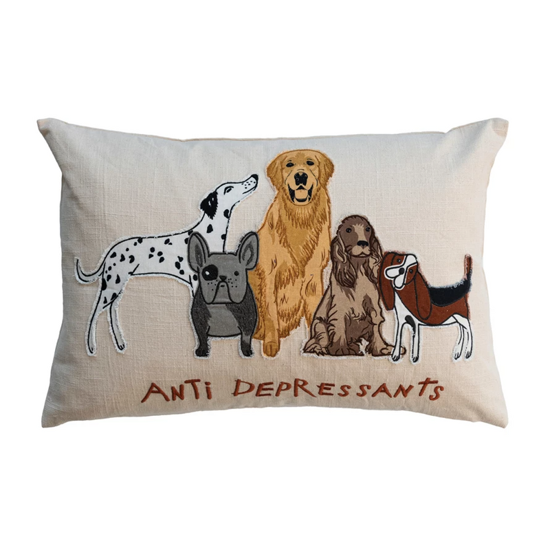 Cotton Slub Lumbar Pillow with Embroidered Dogs--Lemons and Limes Boutique