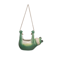 Hanging Ceramic Frog Planter w/ Jute Rope Hanger in Green & White--Lemons and Limes Boutique