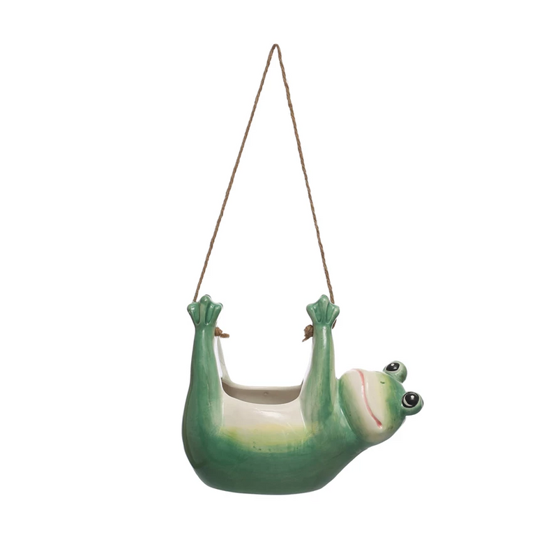 Hanging Ceramic Frog Planter w/ Jute Rope Hanger in Green & White--Lemons and Limes Boutique