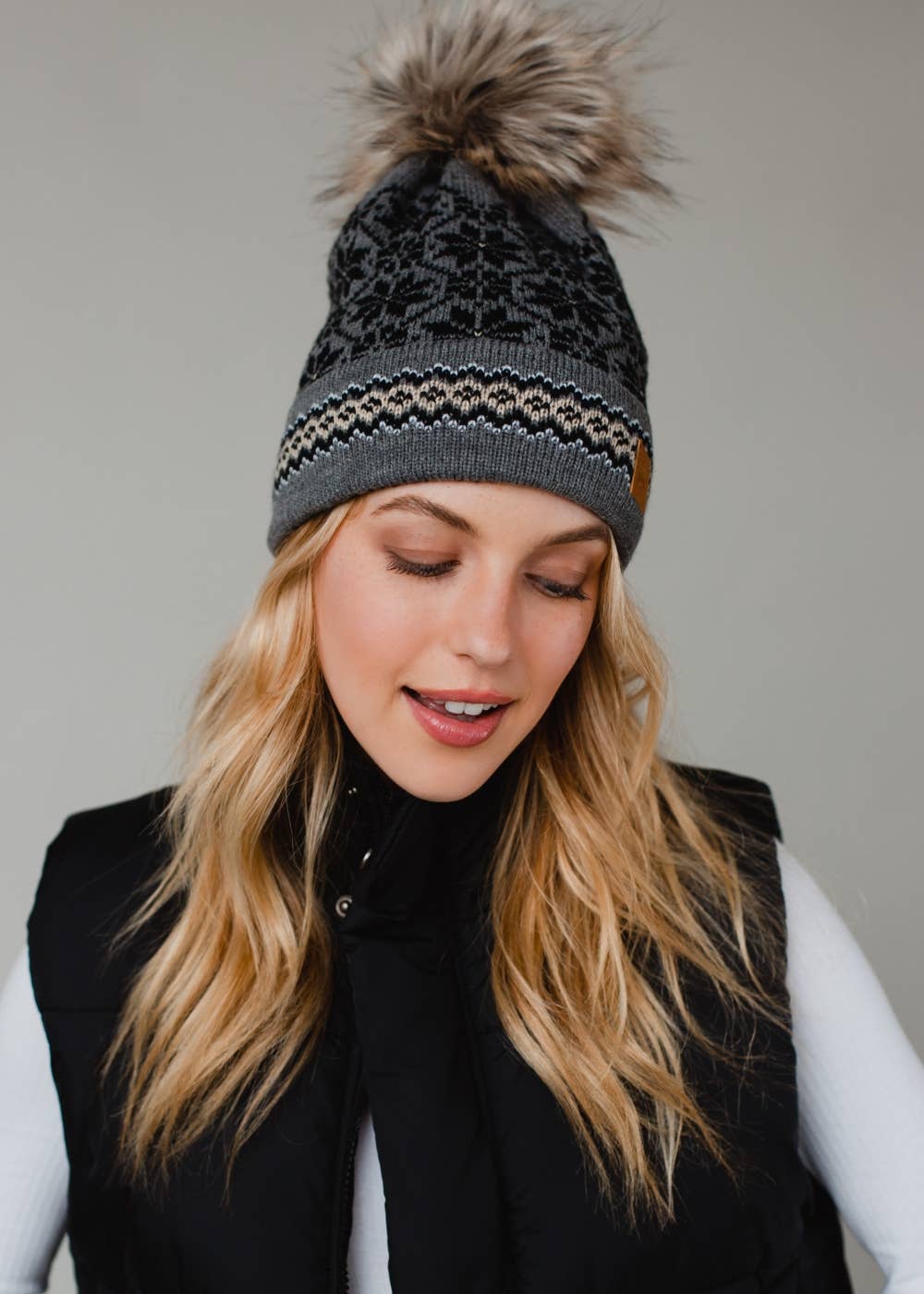 Gray, Black & Tan Patterned Pom Hat-Lemons and Limes Boutique