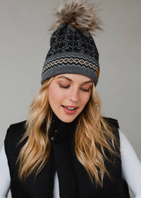 Gray, Black & Tan Patterned Pom Hat-Lemons and Limes Boutique