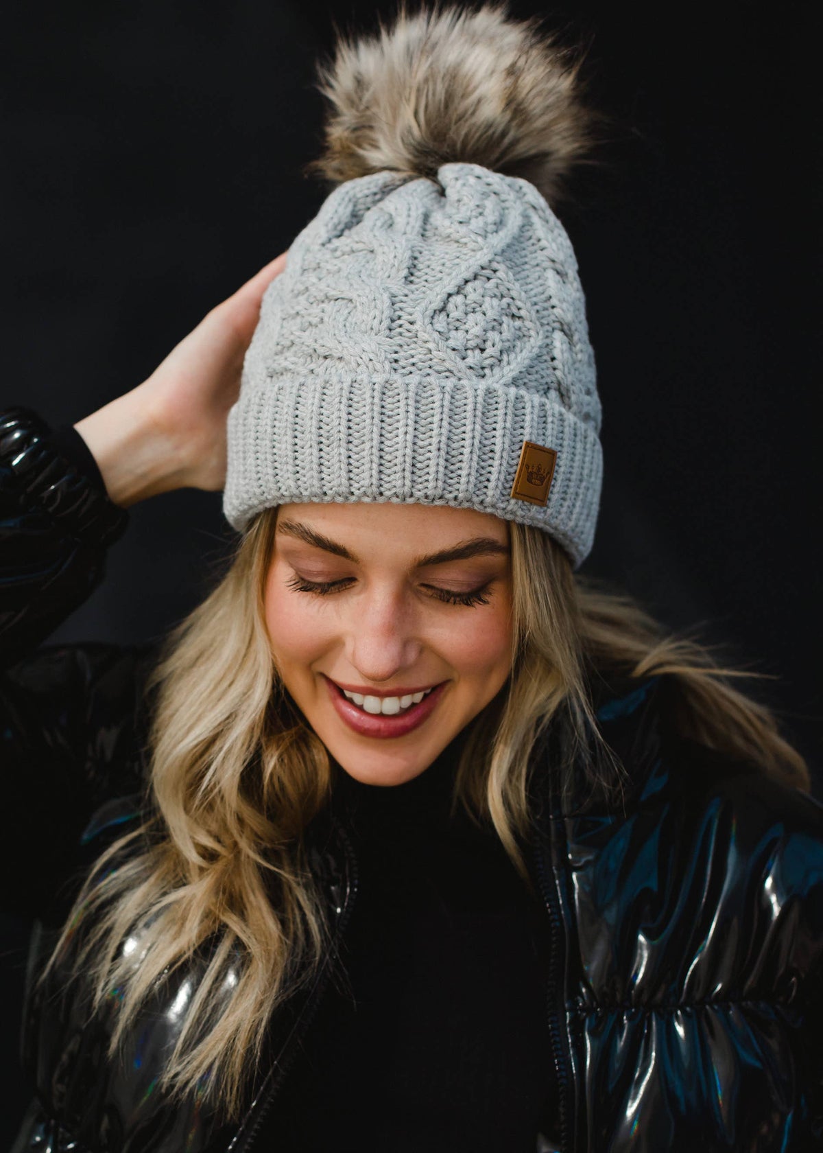 Light Gray Cable Knit Pom Hat-Lemons and Limes Boutique