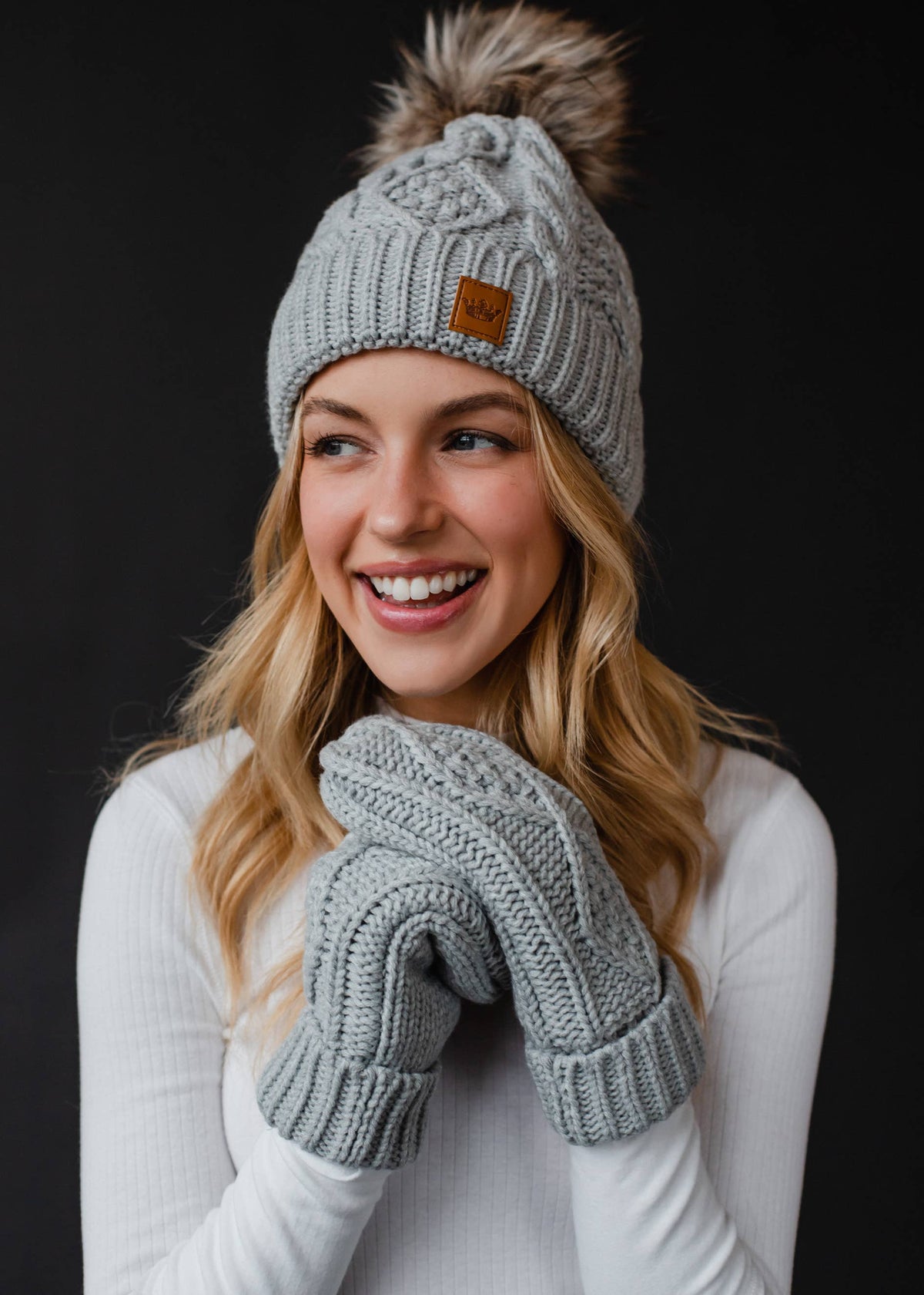 Light Gray Cable Knit Pom Hat-Lemons and Limes Boutique