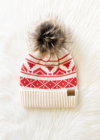 Cream & Red Patterned Pom Hat-Lemons and Limes Boutique