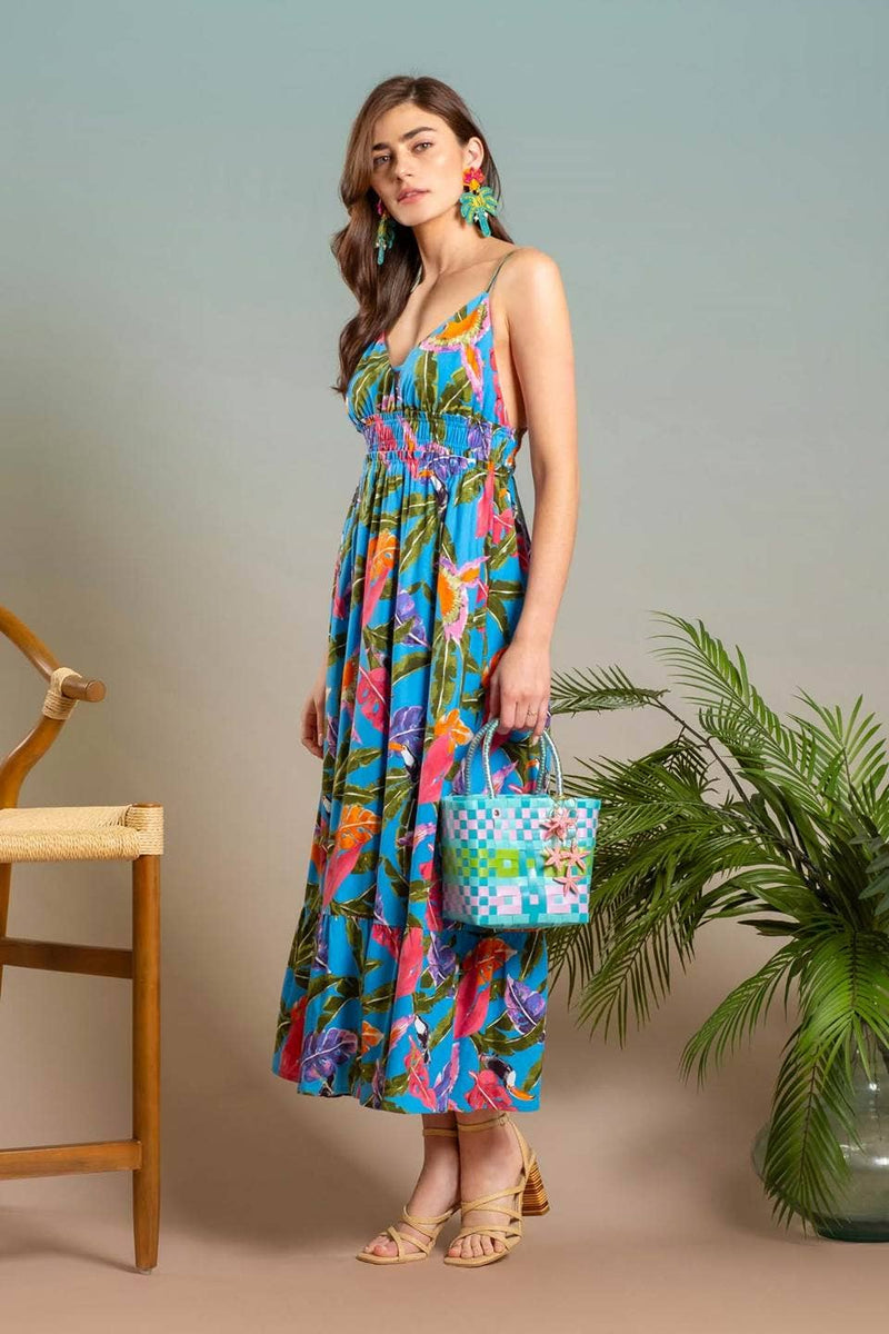 Tropical Print V Neck Midi Dress in Blue Multi--Lemons and Limes Boutique