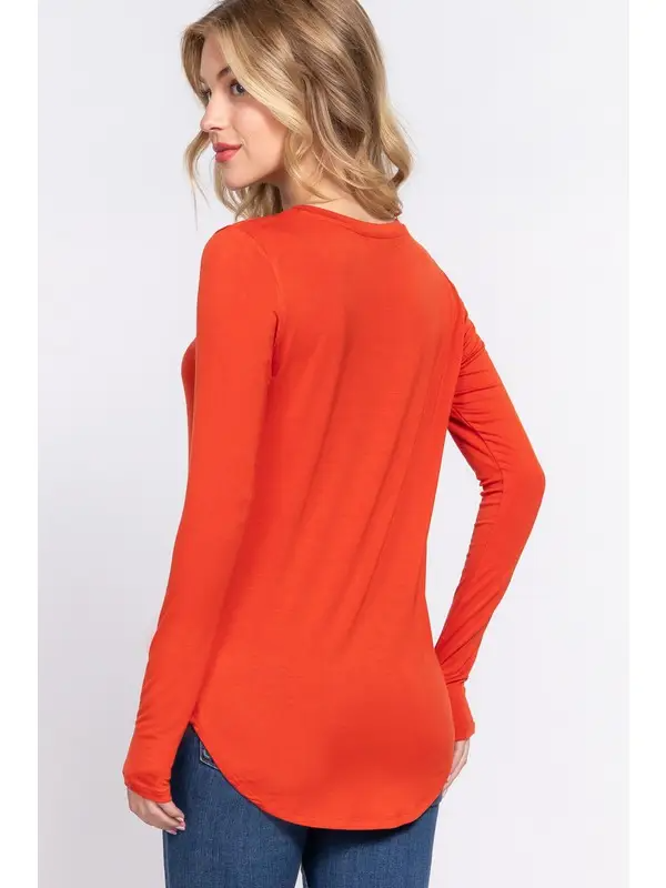 Long Sleeve Round Neck Rayon Spandex Jersey Top in Burnt Rust-Lemons and Limes Boutique