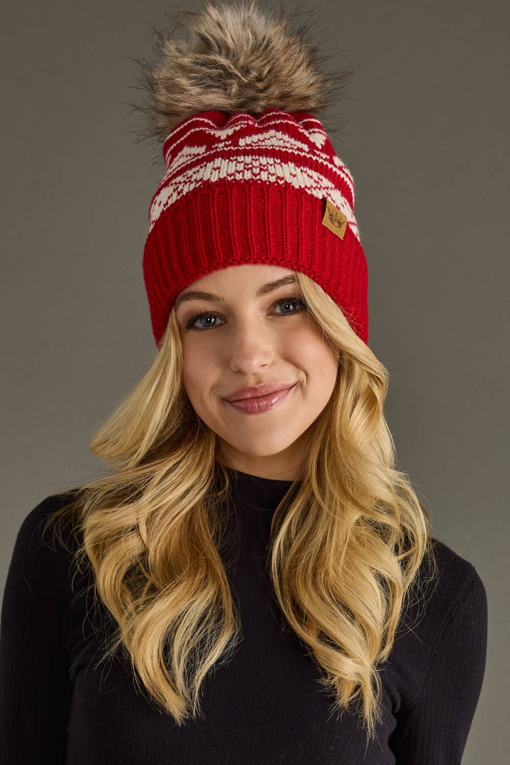 Red & Cream Patterned Pom Hat-Lemons and Limes Boutique