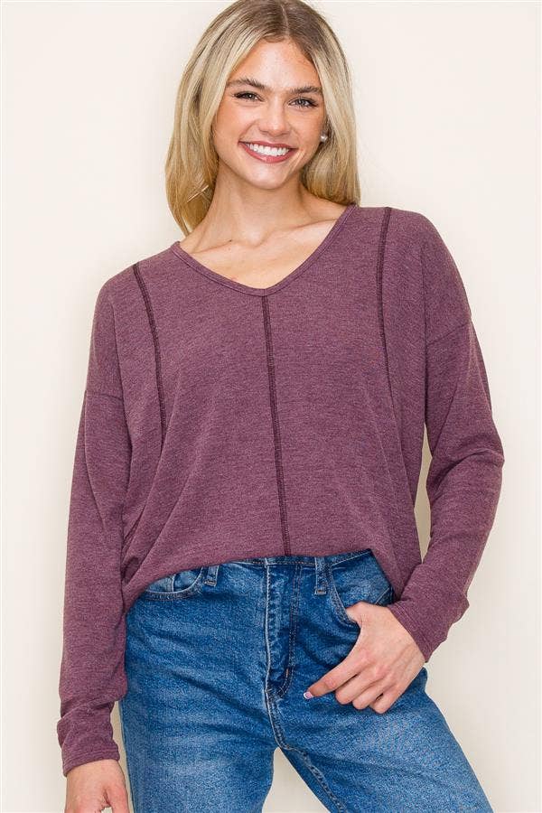 V-Neck Exposed Stitch Long Sleeve Knit Top in Plum--Lemons and Limes Boutique