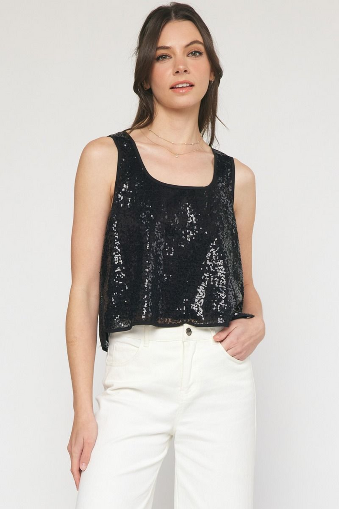 Round Neck Sequin Top in Black-Lemons and Limes Boutique
