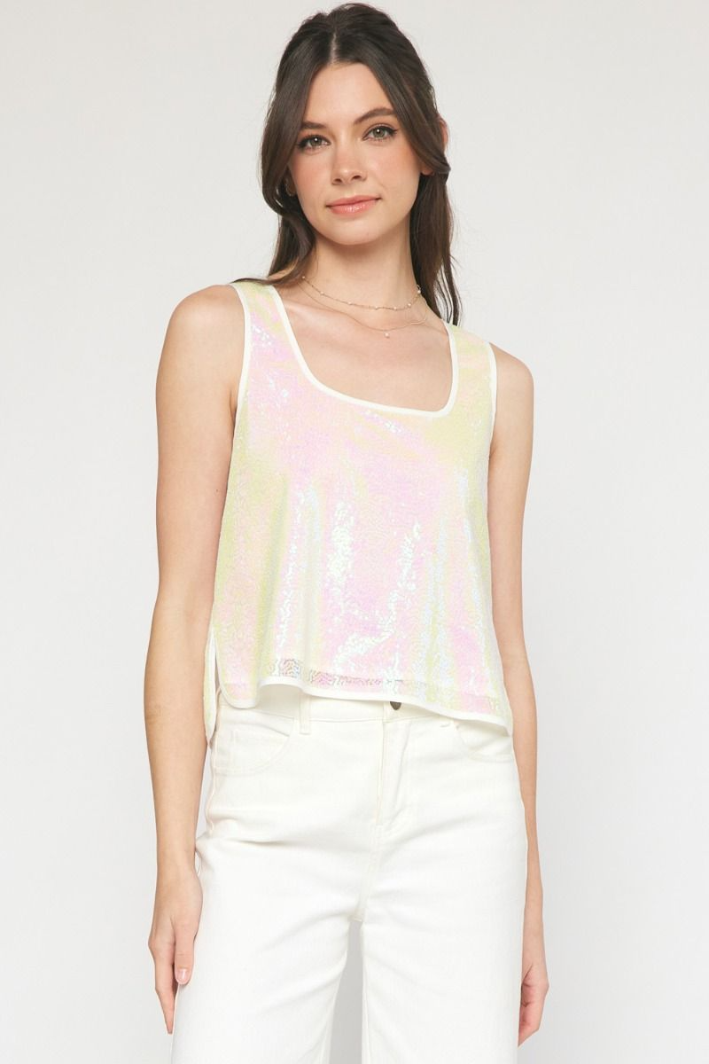 Round Neck Sequin Top in Pearl-Lemons and Limes Boutique